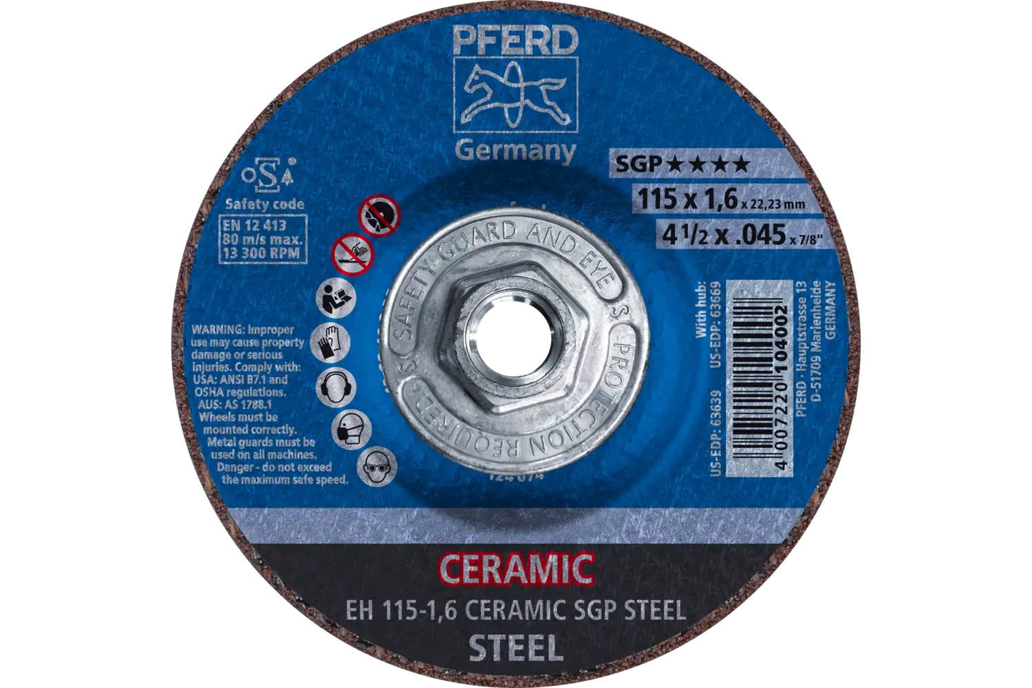 Picture of Pferd Cut-Off Wheel, 4-1/2" X .045 X 5/8-11, Ceramic Sgp Steel, T27, Ceramic Oxide